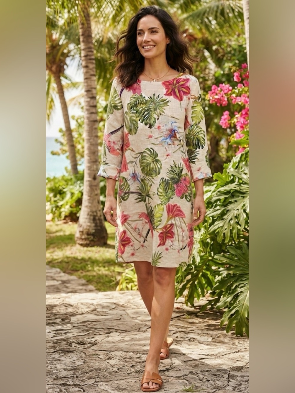 Allegra Masetti Firenze Italian Linen Tropical Floral Shift Dress - Size Large